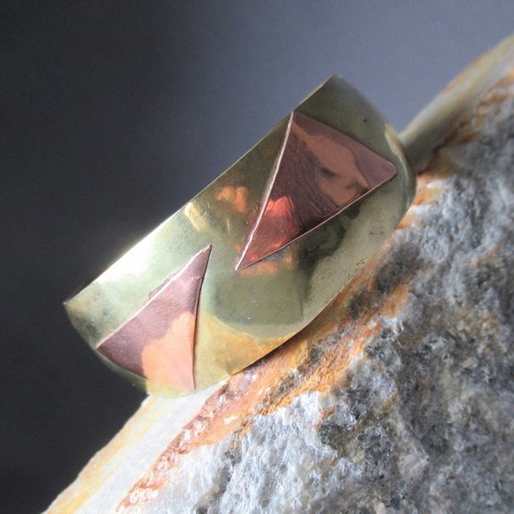 Twin Triangles Cuff, Geometric Copper on Bronze Bracelet - Picture 2 of 6